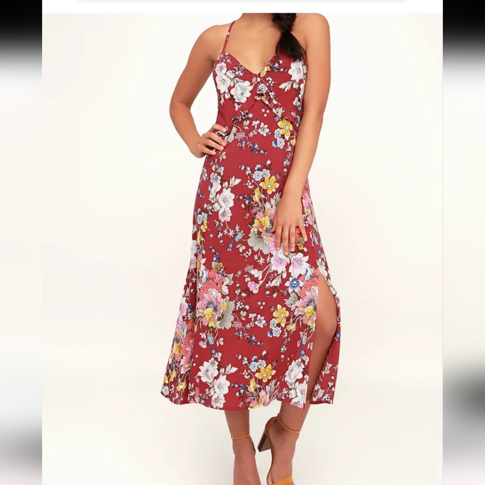 Lulus Rust Red Floral Print Midi Dress,Small